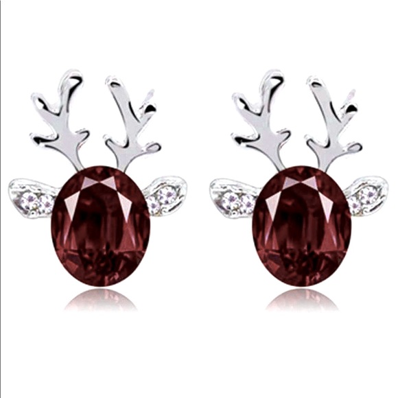 Jewelry - Reindeer Burgundy Crystal Holiday Earrings Silver